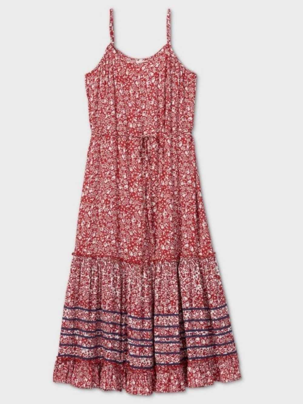 Knox Rose Women's Sleeveless Midi Dress Red White Floral Blue Striped Hem Scoop